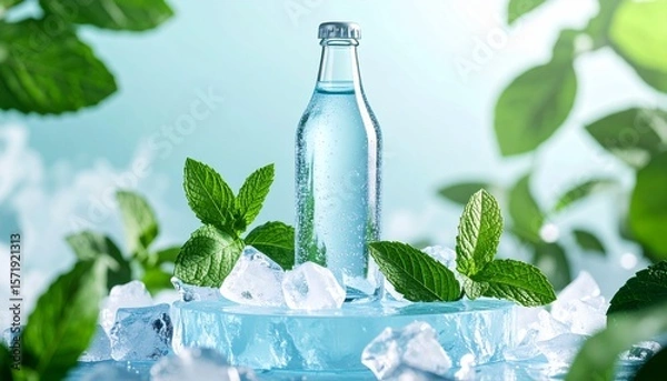 Obraz Refreshing bubbly beverage with mint and ice