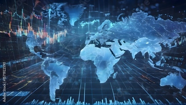 Fototapeta World map projected on a digital display, illustrating global connections, international data flow, and technological visualization in a modern environment