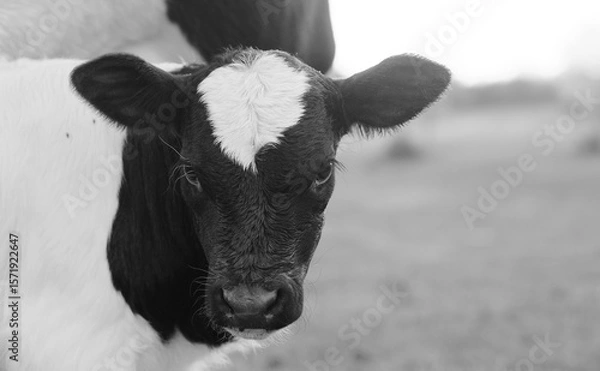 Fototapeta Cute innocent calf cow face closeup looking at camera on farm in black and white, copy space on background.