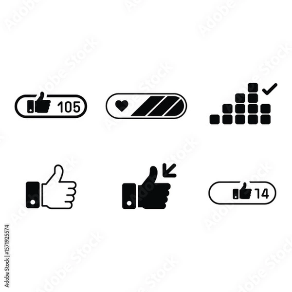 Fototapeta Social Media Icons Thumbs Up Likes Progress Bars and Approval Graphics in Bold Black