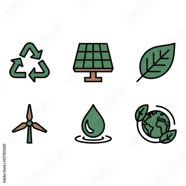 Fototapeta Sustainable Energy Icons Eco Friendly Green Line Art Graphics for Web and Print