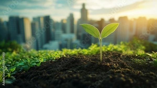 Fototapeta A small green plant seedling grows in rich soil with a vibrant city skyline and warm sunrise in the background, symbolizing urban growth and environmental sustainability.