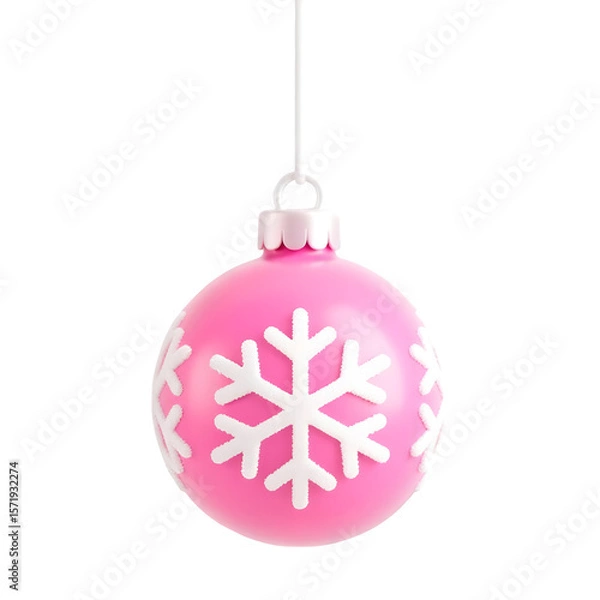 Fototapeta A festive pink christmas ornament with white snowflake designs hanging on a string isolated on transparent background