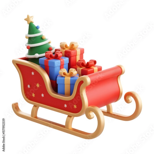 Fototapeta Festive christmas sleigh filled with gifts and a tree isolated on transparent background