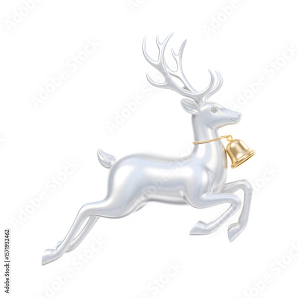 Fototapeta Shiny white reindeer with golden bell jumping isolated on transparent background