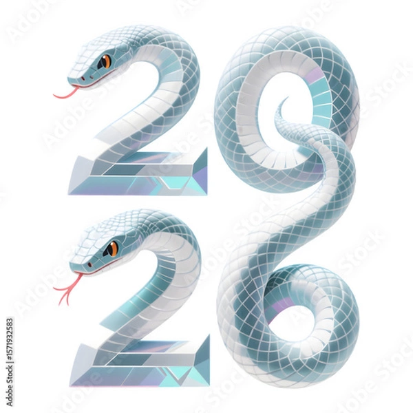 Fototapeta Stylized 2026 numbers formed by a shimmering blue and white snake isolated on transparent background