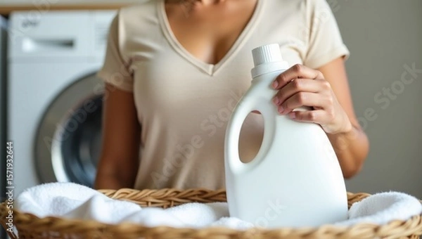 Obraz woman holding a white bottle of laundry detergent. in a modern, well-lit laundry room. Sharp focus, realistic shadows, neutral background.