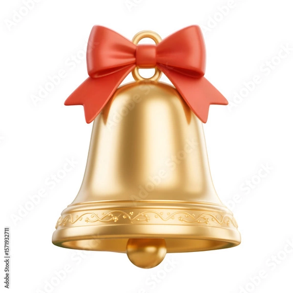 Fototapeta Shiny golden christmas bell with a red ribbon bow isolated on transparent background