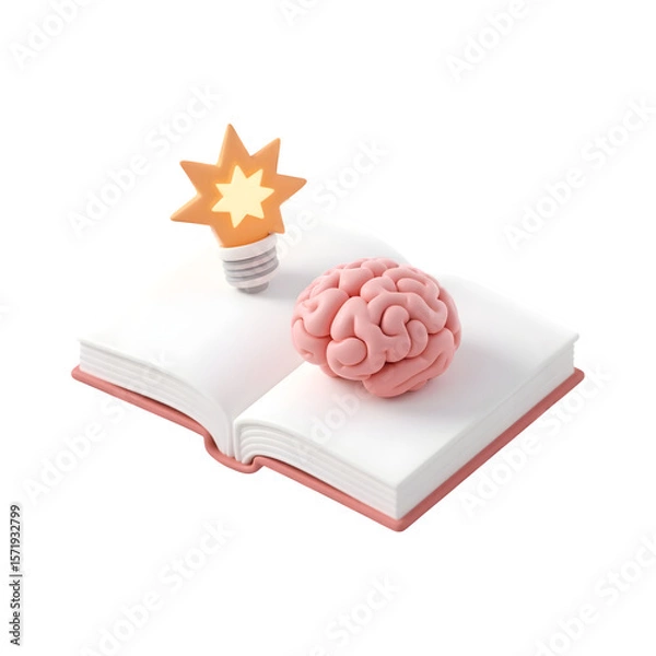 Fototapeta 3d illustration of a pink brain and a light bulb with a star shape on an open book isolated on transparent background