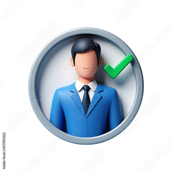 Fototapeta Stylized 3d businessman in a blue suit with a green checkmark isolated on transparent background
