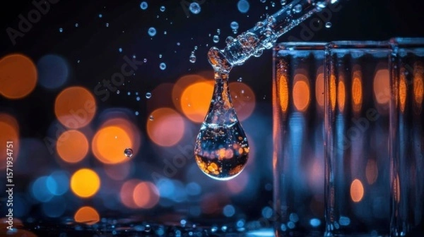 Fototapeta Dropper Dispensing Liquid with Glassware and Bokeh Background