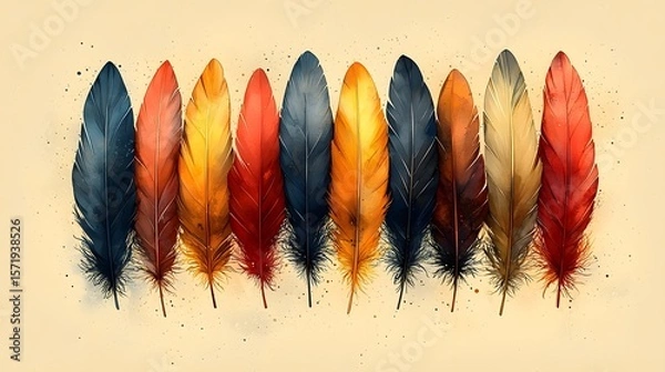 Fototapeta A flat image showcasing an elegant minimalist arrangement of stylized feathers in a variety of warm earthy tones inspired by the colors of autumn