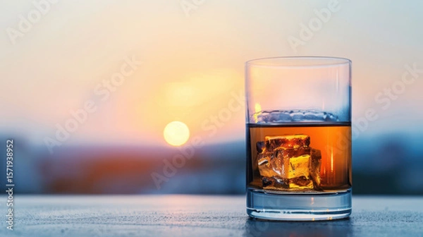 Fototapeta A glass of whiskey with ice cubes in it sits on a table