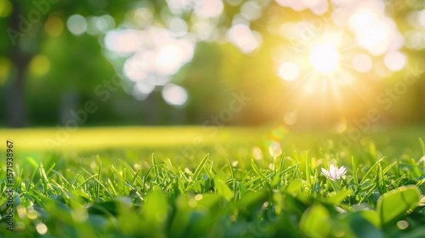 Fototapeta A field of grass with a sun shining on it