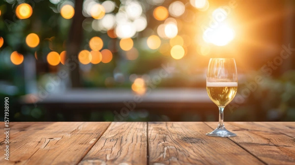 Fototapeta A glass of wine is sitting on a wooden table with a blurry background