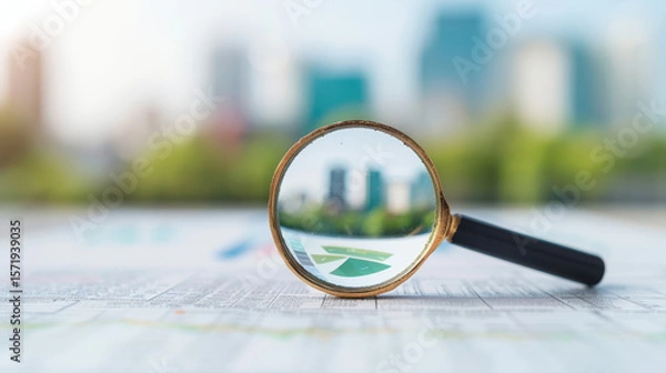 Fototapeta A magnifying glass is on a table with a city view in the background