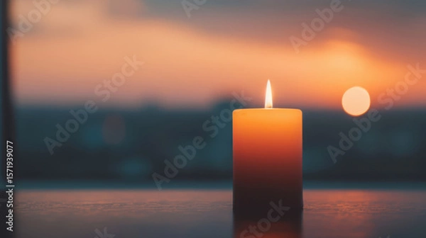 Fototapeta A candle is lit on a table in front of a city skyline
