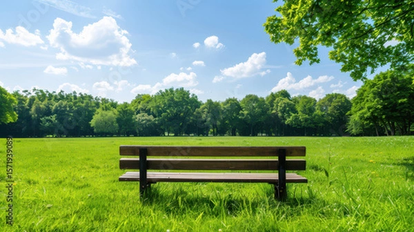 Fototapeta A park bench sits in a grassy field with a clear blue sky above