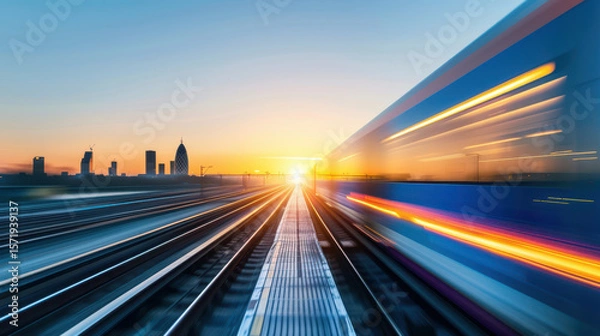 Fototapeta A train is traveling down a track with a sunset in the background