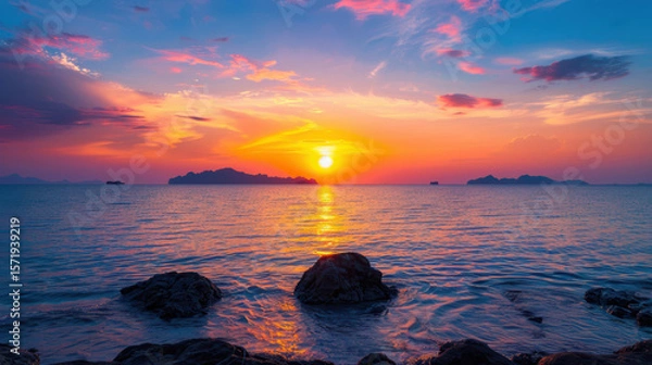 Fototapeta The sun is setting over the ocean, casting a warm glow on the water