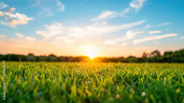Fototapeta A field of grass with a bright sun shining on it