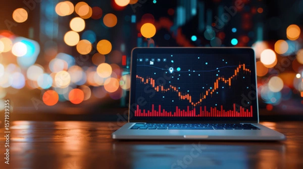 Fototapeta A laptop screen shows a graph with a red line