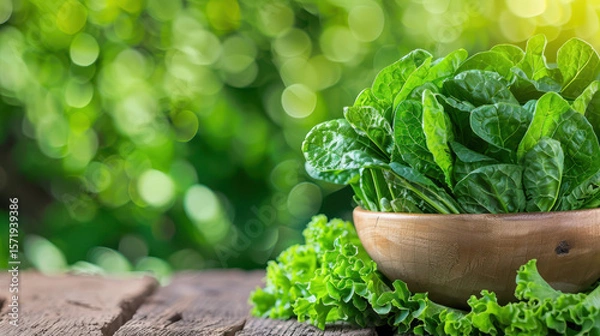 Fototapeta A bowl of green spinach is on a wooden table