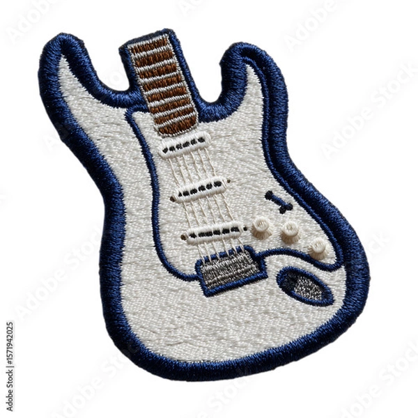Fototapeta A blue and white embroidered electric guitar patch for music lovers isolated on transparent background