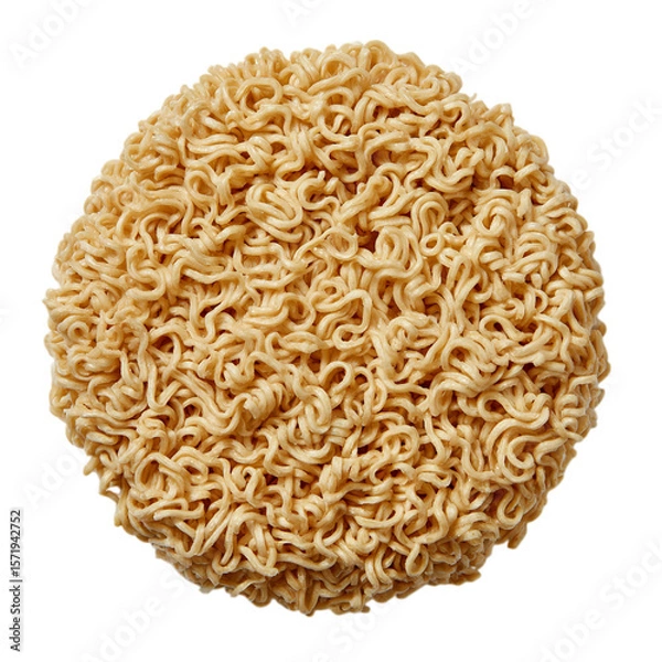 Fototapeta A round block of uncooked instant ramen noodles sits on a white surface isolated on transparent background