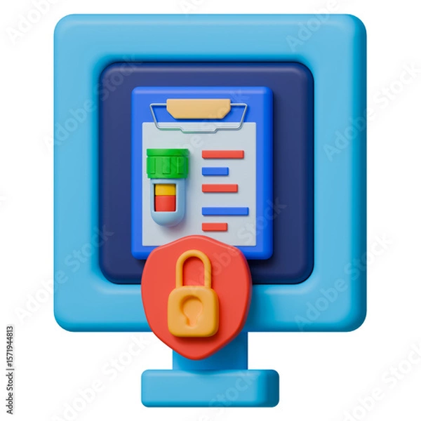 Fototapeta Confidential lab test 3d illustration. Medical laboratory result displayed on secure digital screen with lock icon for privacy protection.