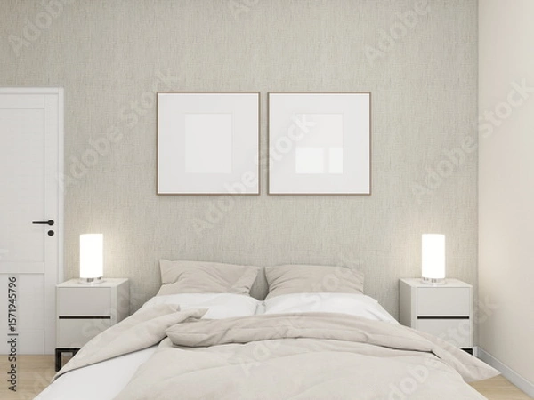 Fototapeta Two square frame mockups on a textured wall in a cozy bedroom with modern interior design. 3D rendering, interior design, 3D illustration