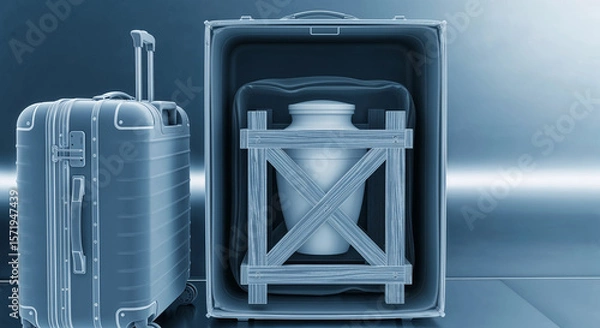 Fototapeta Digital-style X-ray scan of wooden crate with urn, securely packed  