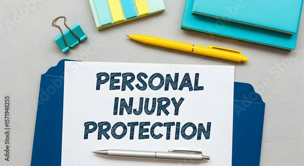 Fototapeta Personal Injury Protection: Legal Documentation and Office Essentials on Desk