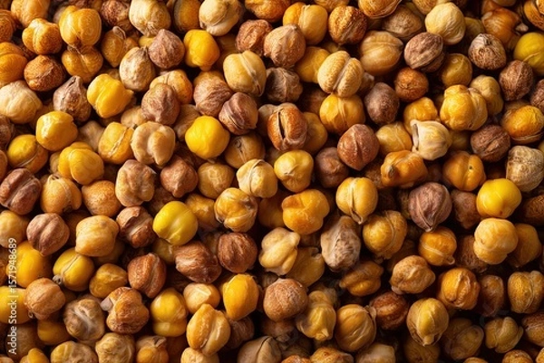 Obraz A close-up of chickpeas, showcasing their tiny and round shape with yellowish-brown hues. The background is neutral to highlight the texture and color contrast between each one in the top view. 