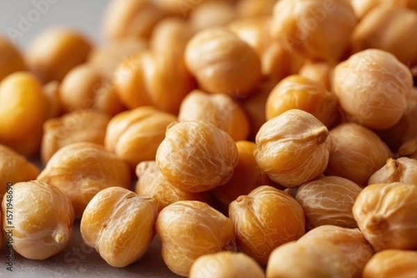 Obraz A close-up of chickpeas, showcasing their small size and golden-brown color. The background is neutral to highlight the texture and quality of the dried beans.