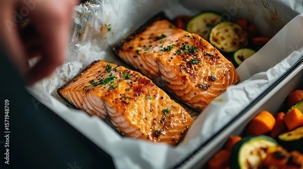 Obraz A close-up of two fillets of salmon on top of white paper, sitting next to zucchini and carrots being placed into an open kitchen food container 