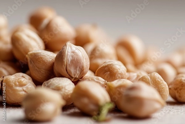 Obraz A close-up shot of chickpeas, showcasing their small size and texture. The background is neutral to highlight the chickpeas