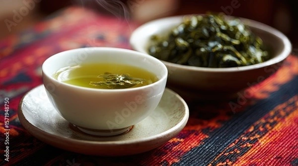 Obraz A white porcelain cup filled with green tea, sitting on top of an off-white saucer placed next to the edge of another small round ceramic plate, both resting atop a red and black striped tablecloth.
