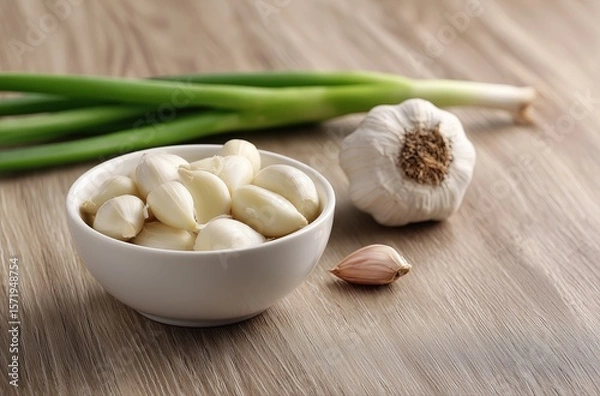 Obraz A white porcelain bowl filled with garlic cloves on the left side of an empty wooden table background. Next to it is one large head of scallion and some additional garlic. 