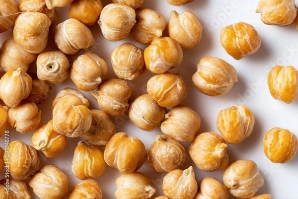 Obraz A close-up shot of chickpeas, showcasing their texture and color. The background is plain white to highlight the chickpea pattern. --ar 3:2 --v 7 Job ID: a8a22a1a-94e3-421c-9955-8891bd1e77f6