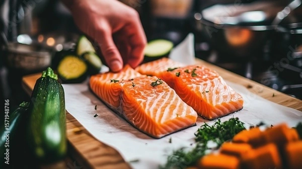Obraz Close-up of raw salmon fillets on white paper, next to green zucchini and carrots in the background. 