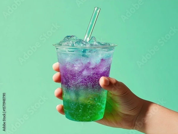 Obraz Hero shot of Hand holding a refreshing looking neon green and purple mixed transparent fizzy drink and with ice cubes in it, in a cup with clear straw in it and light green color background