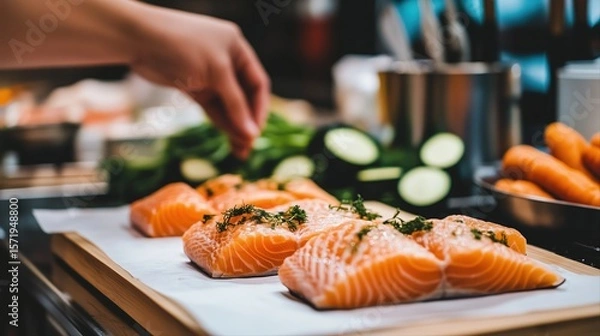 Obraz Close-up of raw salmon fillets on white paper, next to green zucchini and carrots in the background. A hand is placing them onto an empty wooden board for cooking the fish. dark kitchen background