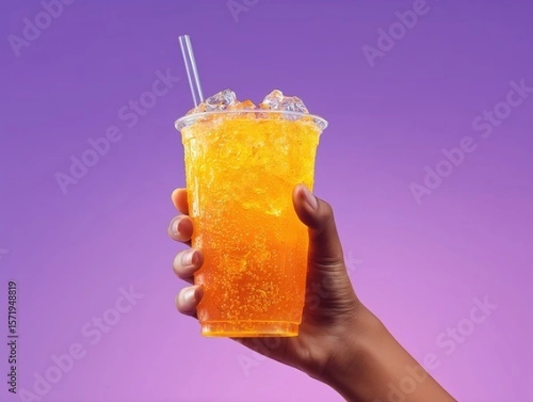 Obraz Hero shot of Hand holding a refreshing looking neon orange transparent fizzy drink and with ice cubes in it, in a cup with clear straw in it and light purple gradient background 