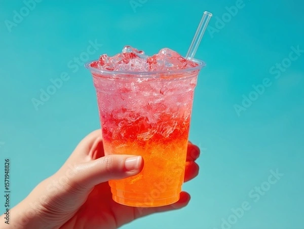 Obraz Hero shot of Hand holding a refreshing looking neon pink and orange mixed transparent fizzy drink and with ice cubes in it, in a plastic cup with clear straw  and light aquamariun color background