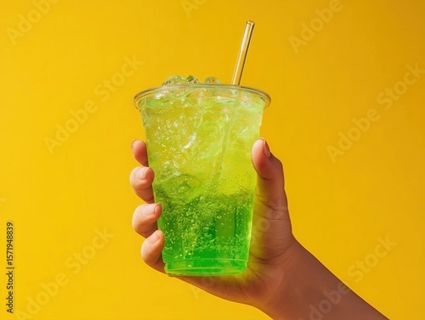 Obraz Hero shot of Hand holding a refreshing looking neon green transparent fizzy drink and with ice cubes in it, in a lidless see through plastic cup with clear straw in it and yellow background