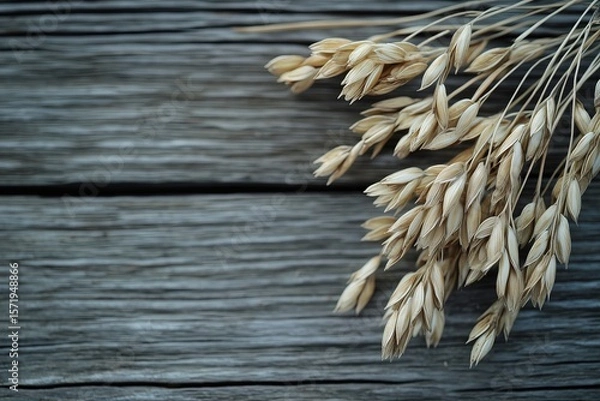 Obraz Oats on a wooden table, close-up photograph, stock photo, high resolution, high quality --ar 3:2 --v 6.1 Job ID: 70cf47f9-67d2-42a4-b933-f15e634ad197