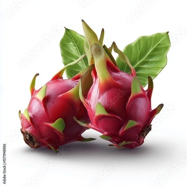 Obraz two smooth cartoon dragonfruit on the cover of an advertisement white background, close-up, vector graphics, abstract fruit concept