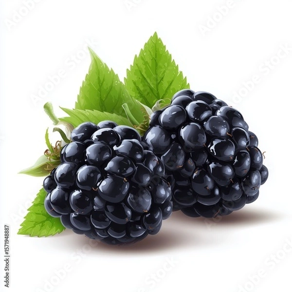Obraz two smooth cartoon blackberries on the cover of an advertisement white background, close-up, vector graphics, abstract fruit concept