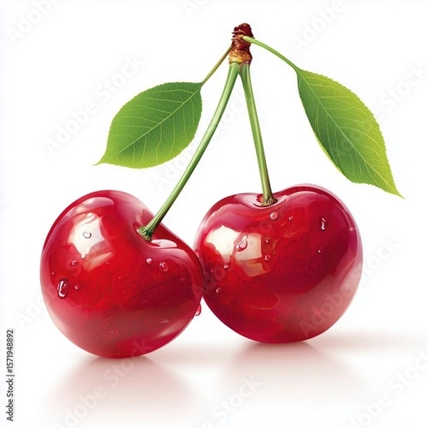Obraz two smooth 2d cartoon cherries on the cover of an advertisement white background, close-up, vector graphics, abstract fruit concept